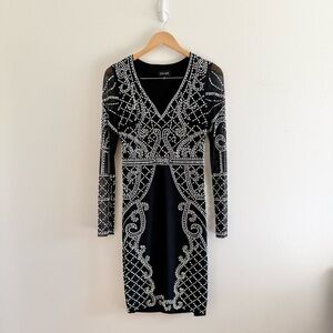 XSCAPE Black Long Sleeve White Silver Bead Embellishment Dress size 8